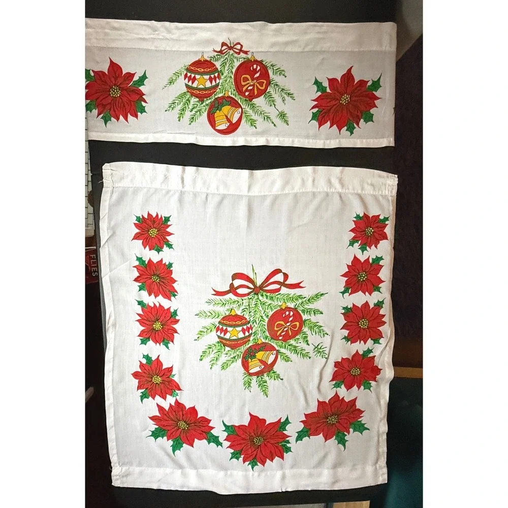 Vintage Christmas Poinsettia Cafe Curtains White Ornaments Made in Japan MCM